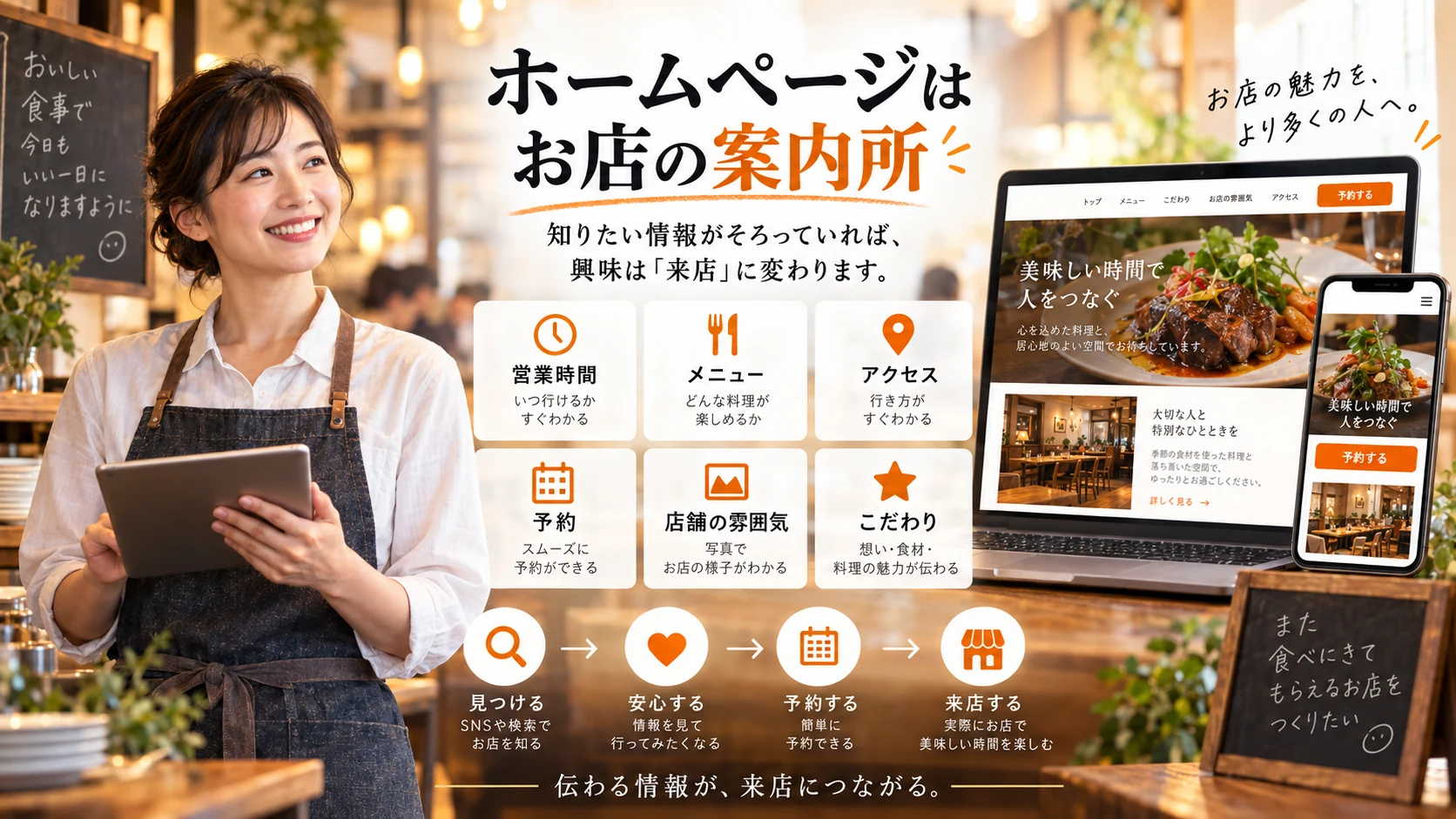 飲食店ホームページに営業時間、メニュー、アクセス、予約、店舗の雰囲気、こだわりを整理し、来店につなげるイメージ
